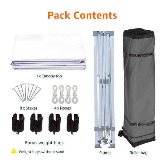 Amazon Basics Outdoor Pop Up 10 x 10 Canopy Tent for Events, Portable with Easy Setup, One-Push, Includes Wheeled Carry Bag, 8 Pegs, 4 Ropes, 4 Weighted Bags, White