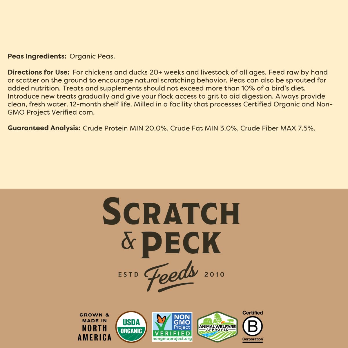 Scratch and Peck Whole Peas Chicken, Duck and Livestock Supplemental Grain - 10 lbs Bag - 20% Protein, Certified Organic and Non-GMO Project Verified Chicken Food