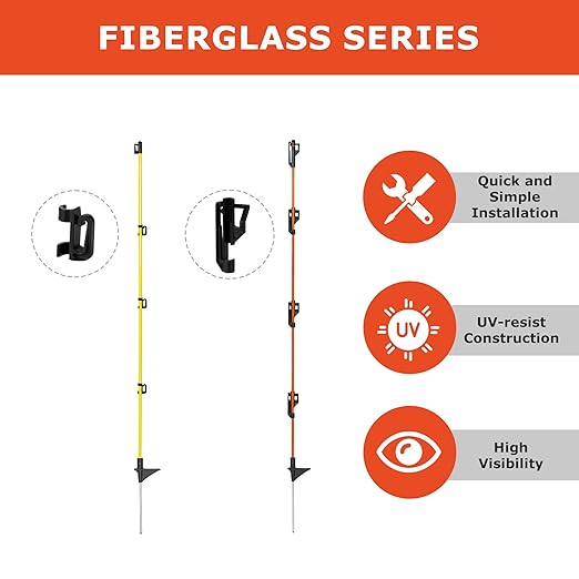 48 Inches Electric Fence Fiberglass Posts, 20 Pack Step in Electric Fence Post, Temporary Portable Fence Stakes for Livestock, Big Insulator, Orange