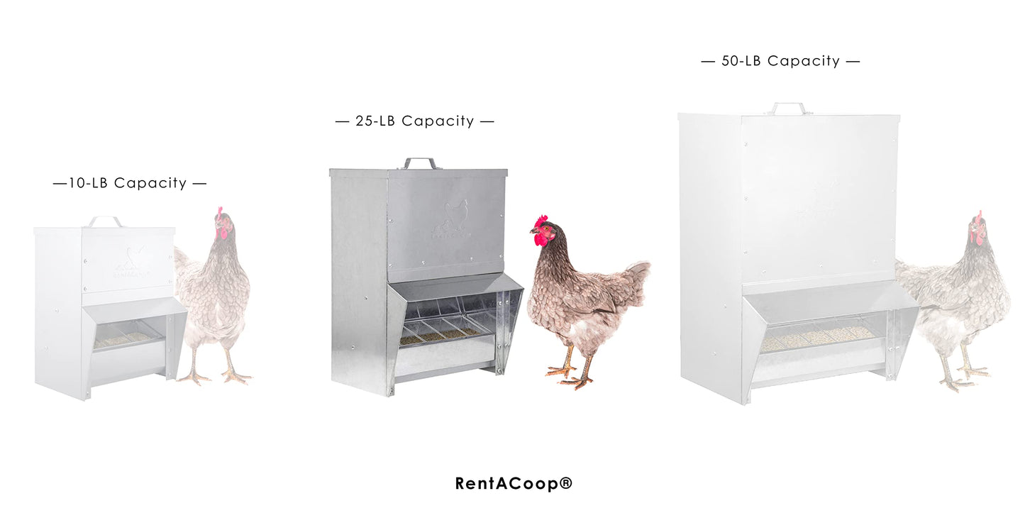 RentACoop Galvanized Chicken Trough Feeder, Weatherproof Poultry Food Dispenser with Lid 25LB Capacity