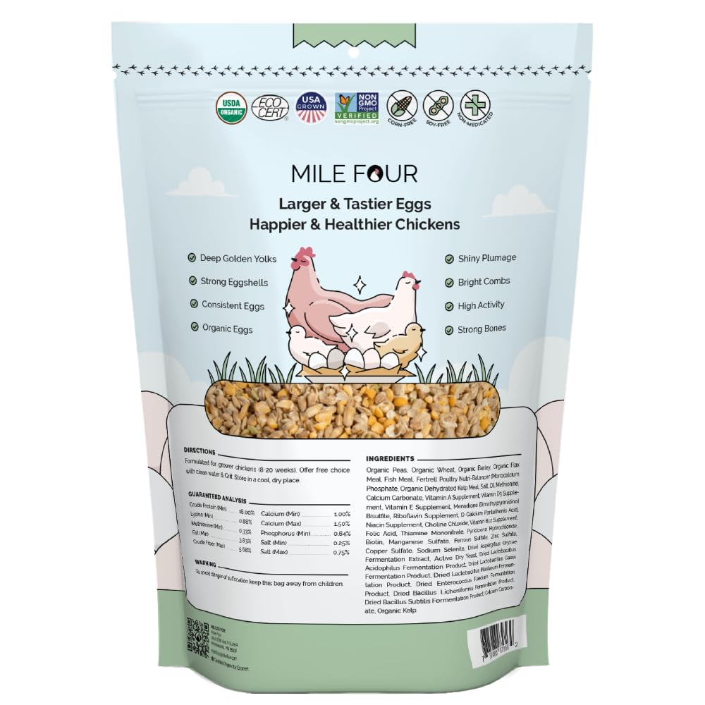 Mile Four Organic Chicken Feed – Grower Whole Grain, Non-GMO, USA Grown, 18% Protein, Corn-Free, Soy-Free, Non-Medicated Feed for Chickens, 2 lb Sample