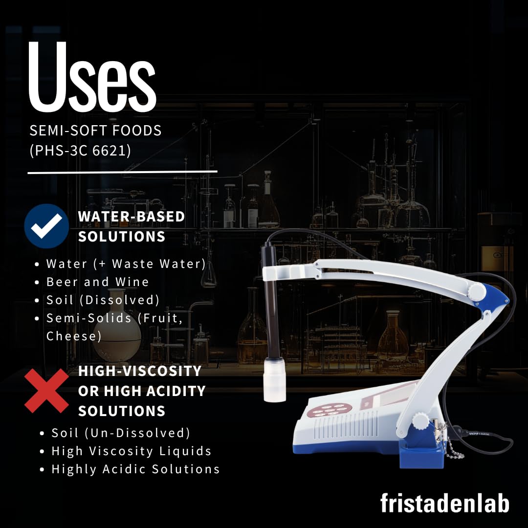 Fristaden Lab Benchtop pH Meter | USA Company | 6621 Electrode for Semi-Soft Foods and Fruits | High-Accuracy (0.01 pH) | Calibration Solutions Included
