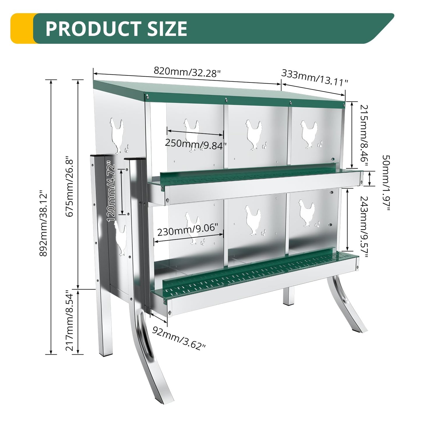 POWLAB 6 Compartment Chicken Nesting Box - Heavy Duty Metal Coop with Roll Away Egg Collection, Perch, Lid Cover for Egg Protection - Wall Mount/Free Standing Nest Box for Chickens, Hens, Ducks