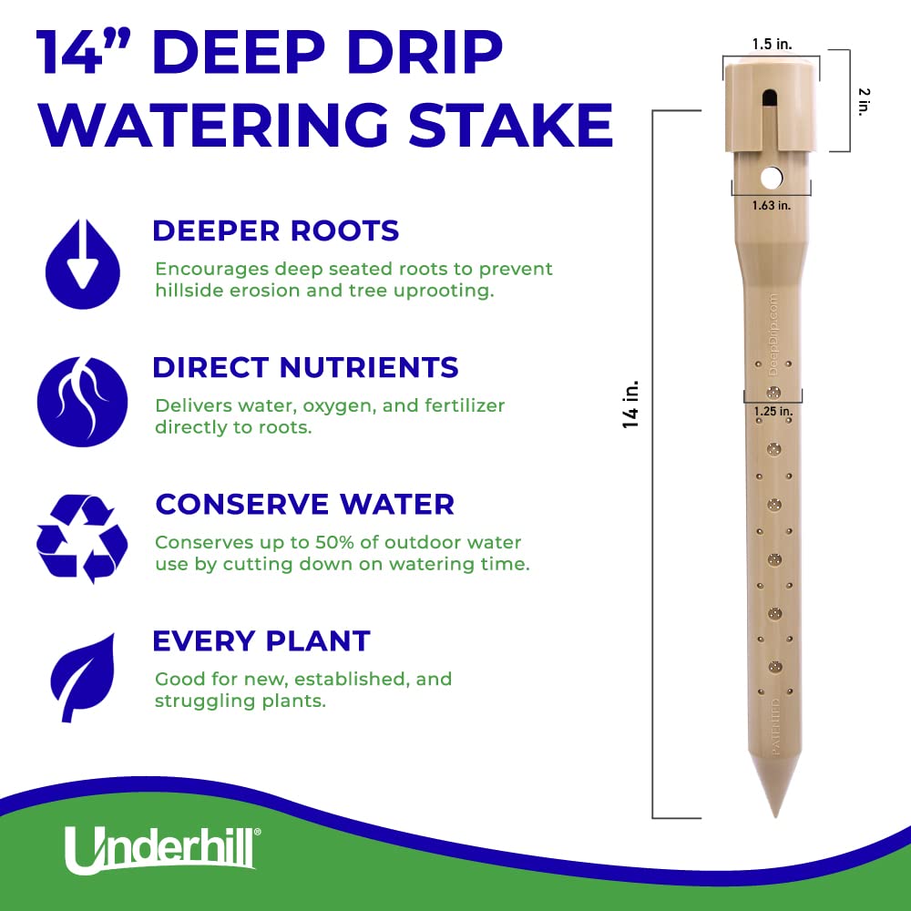 Underhill Deep Drip Irrigation Stakes 14-1/2-Inch, Case of 25 Watering Spikes for Trees and Bushes with Shallow Roots, Drip System Tubes, A-DD14-25