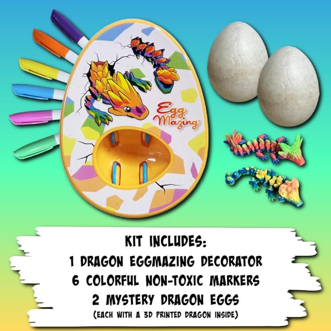 The Eggmazing Egg Decorator Dragon Egg Kit Arts and Crafts Set - Includes Egg Decorating Spinner, 6 Markers, and 2 Dragon Eggs with 3D Printed Dragons Inside | Ages 3 and Up