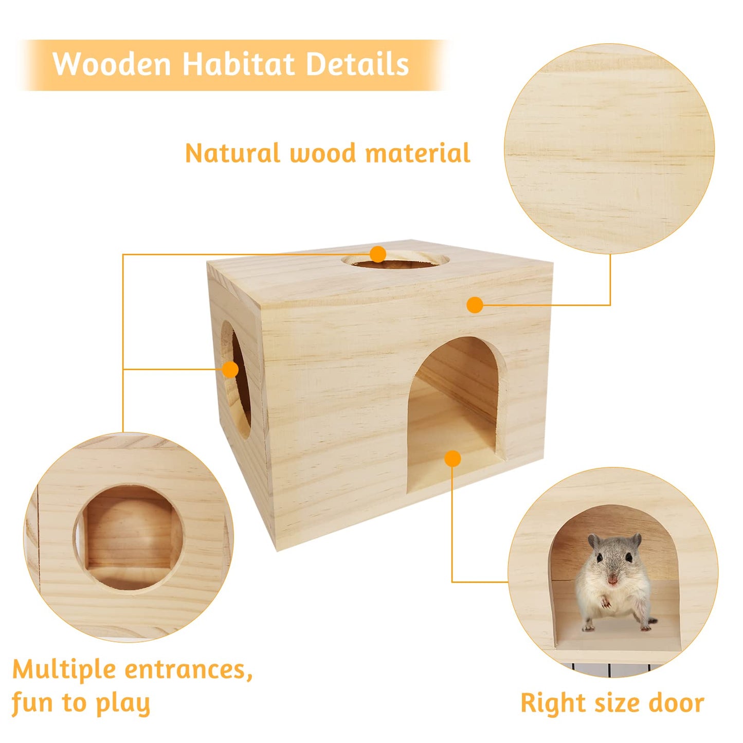 Fhiny Guinea Pigs Wood House Chinchilla Hut Hideout Natural Wood Multiple Doors Small Animal Chewing Molar Activity Toys Hamsters Habitat Cage for Hedgehog Squirrel Sugar Gliders