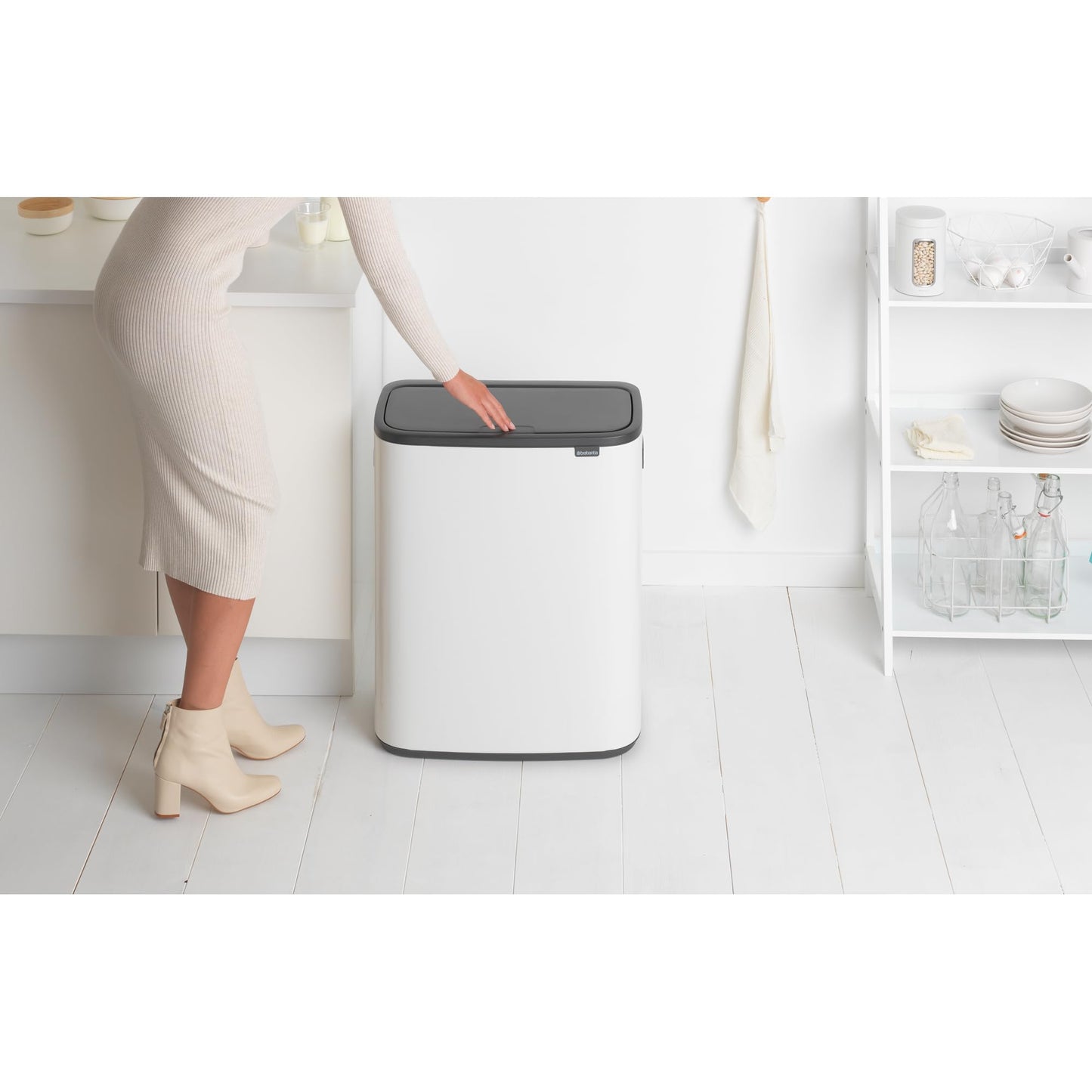 Brabantia Bo Touch Top Trash Can - 1 x 16 Gal Bucket (White) Soft Open/Close Kitchen Garbage & Recycling Can with Removable Compartment