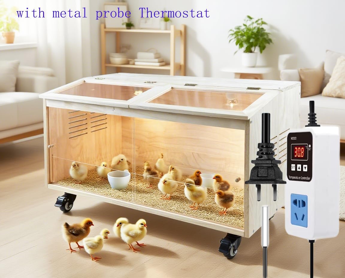 Brooder Box for Chicks Pine Wood Chicken brooder Box with Thermostat & Heating Lamp & Brake Casters，Solid Panels Chick brooder for Chicks, Ducklings, Hamsters, Guinea Pigs - Chew-Proof (40x20x20 in)