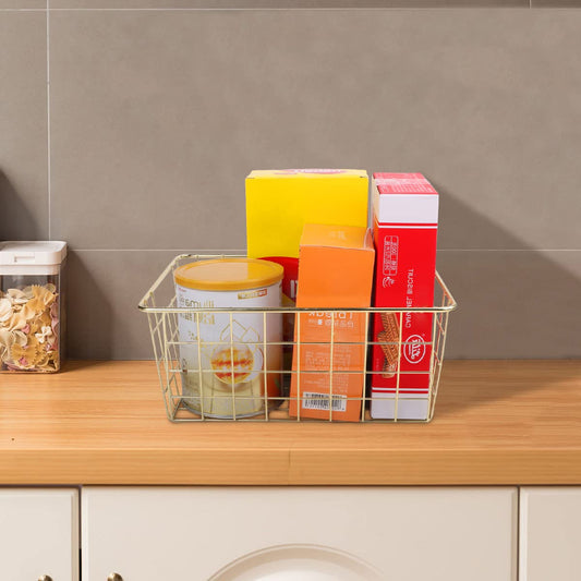 Tonxus 4pcs Wire Kitchen Storage Basket Farmhouse Metal Household Container Storage Organizer Bin Divider with Handle for Pantry,Shelf,Countertop,Refrigerator,Freezer,Cabinet (Gold)