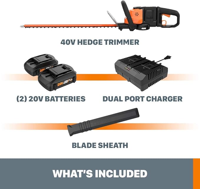 WORX WG284.1 26" 40V Cordless Hedge Trimmer, Electric Hedge Trimmer with Dual-Action Blades, Brushless Bush Trimmer with 180° Rotating Handle, 2 Batteries & Charger Included