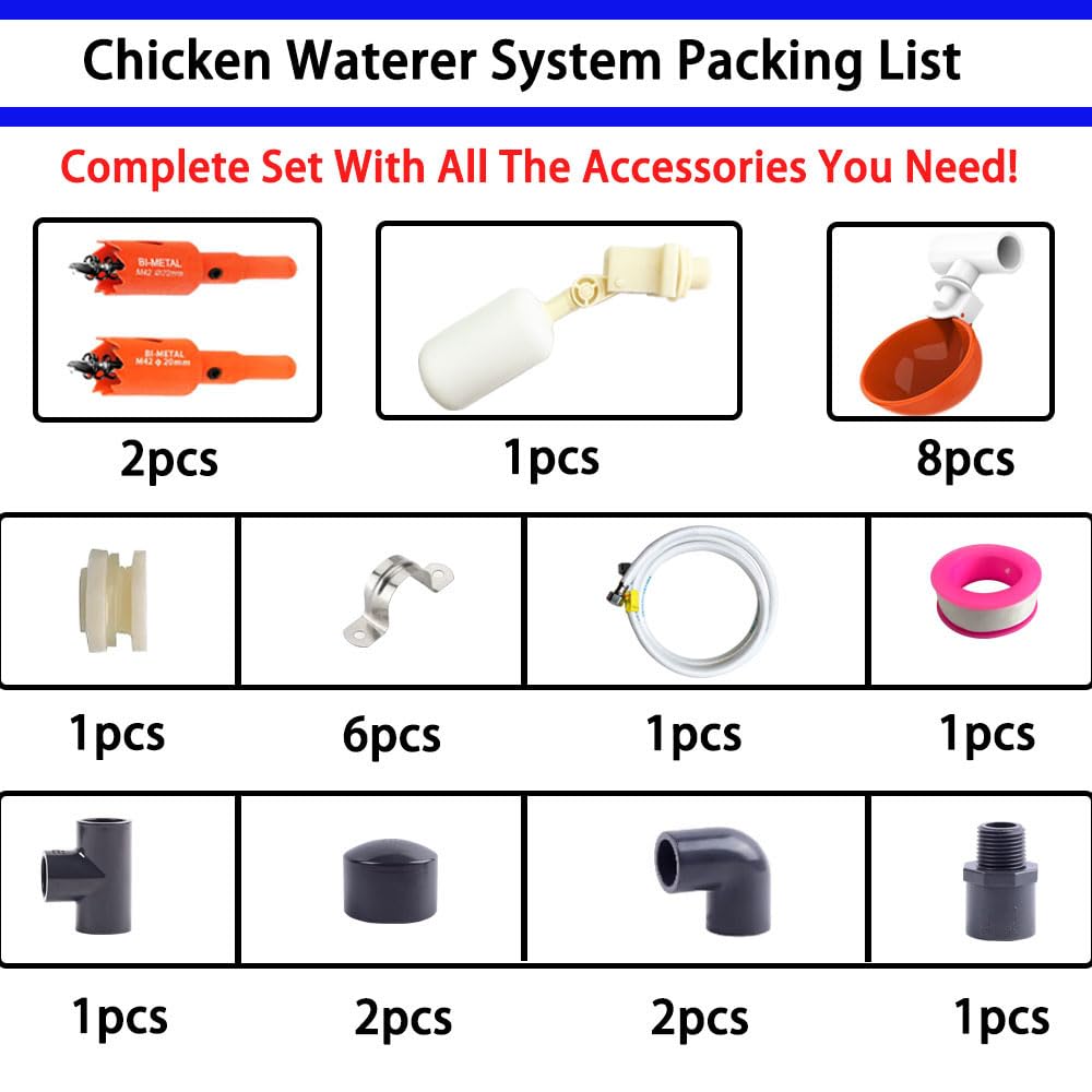 Complete Set Pipeline Automatic Chicken Watering System, 1/2" PVC Tee Fittings & PVC Pipe & Garden Hose, Chicken Water Cups, Poultry Waterer, Automatic Chicken Waterer, Chicken Nipple Waterer