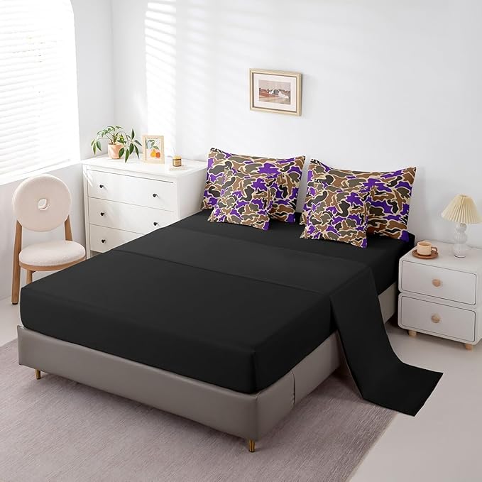 Feelyou Duck Hunter Purple Camouflage Hunting 7 Pieces Bedding Set, Queen Size Black Brown All Season,Bed in a Bag with Comforter, Sheets, Pillowcases Camo Army Bed Set Breathable Wild Room Decor