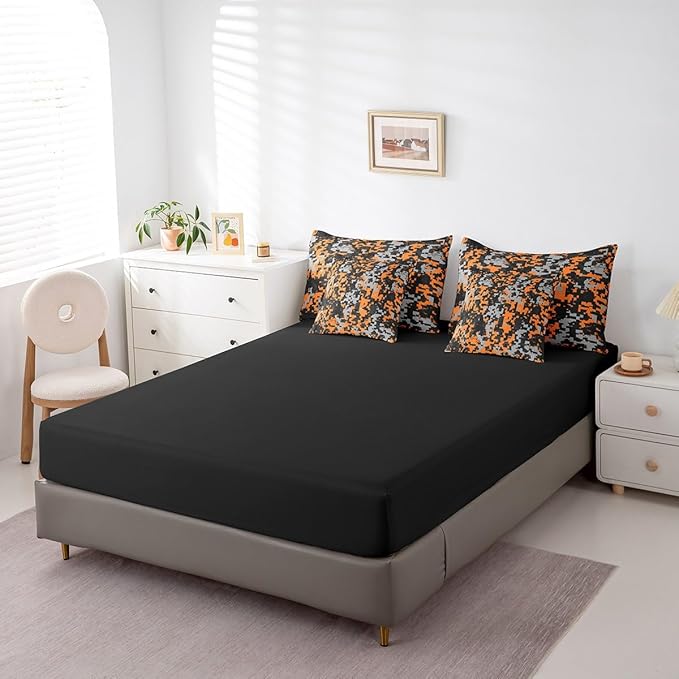 jejeloiu Orange Camouflage Comforter Set with Sheets for Kids Boys Camo Bed in a Bag Twin Size Military Style Vintage Abstract Geometric Disruptive Pattern 7 Pieces Bedding Set Bedroom Decor Soft