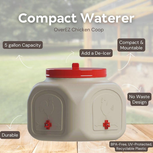 OverEZ Compact Chicken Waterer with No Spill System, Outside and Inside Poultry Drinker, 5 Gallon High Capacity Waterer Dispenser for Hens
