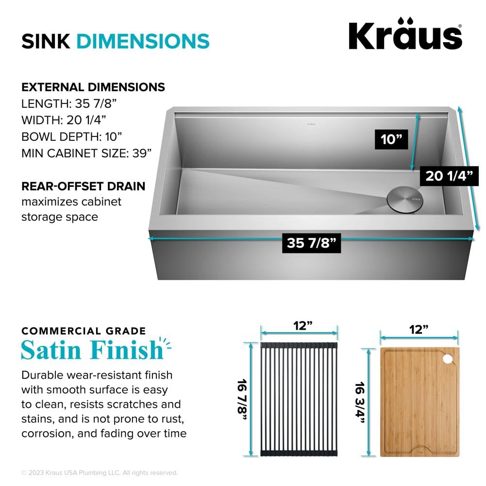 KRAUS Kore 36-Inch Modern Farmhouse Workstation 16 Gauge Single Bowl Stainless Steel Kitchen Sink with Accessories, KWF410-36