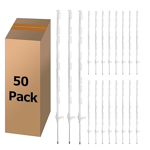 50 Pack Electric Fence Posts, 48 Inch Plastic Step in Fence Post, Temporary Fence Posts for Farm Protection and Livestock, White