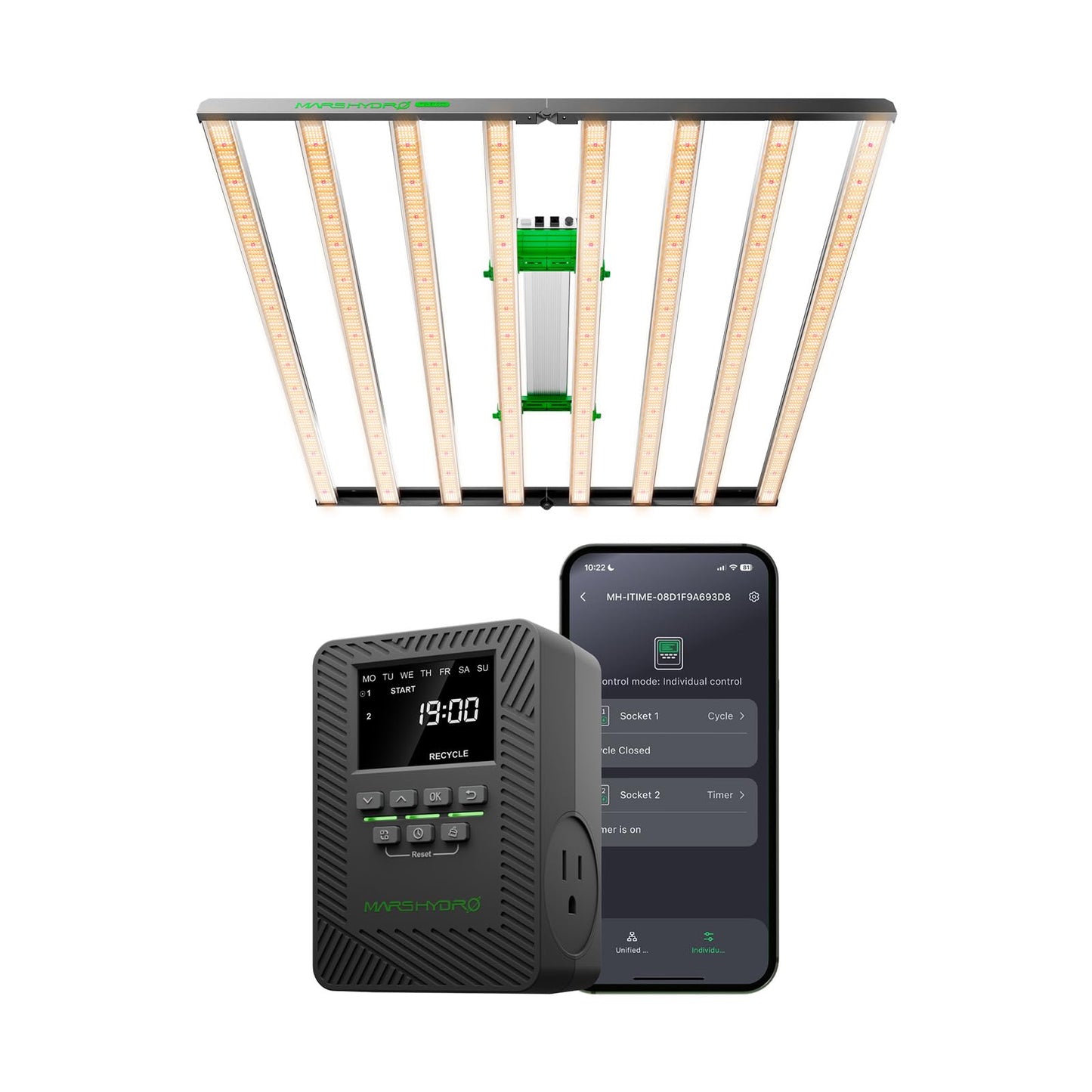 MARS HYDRO FC-E1000W Foldable Bar Style Led Grow Lights 1000Watt and ITime 2-in-1 Smart Timer Outlet Dual Outlet App Control Custom Programmable 12 On/Off for Home Office and Plant Growth Use