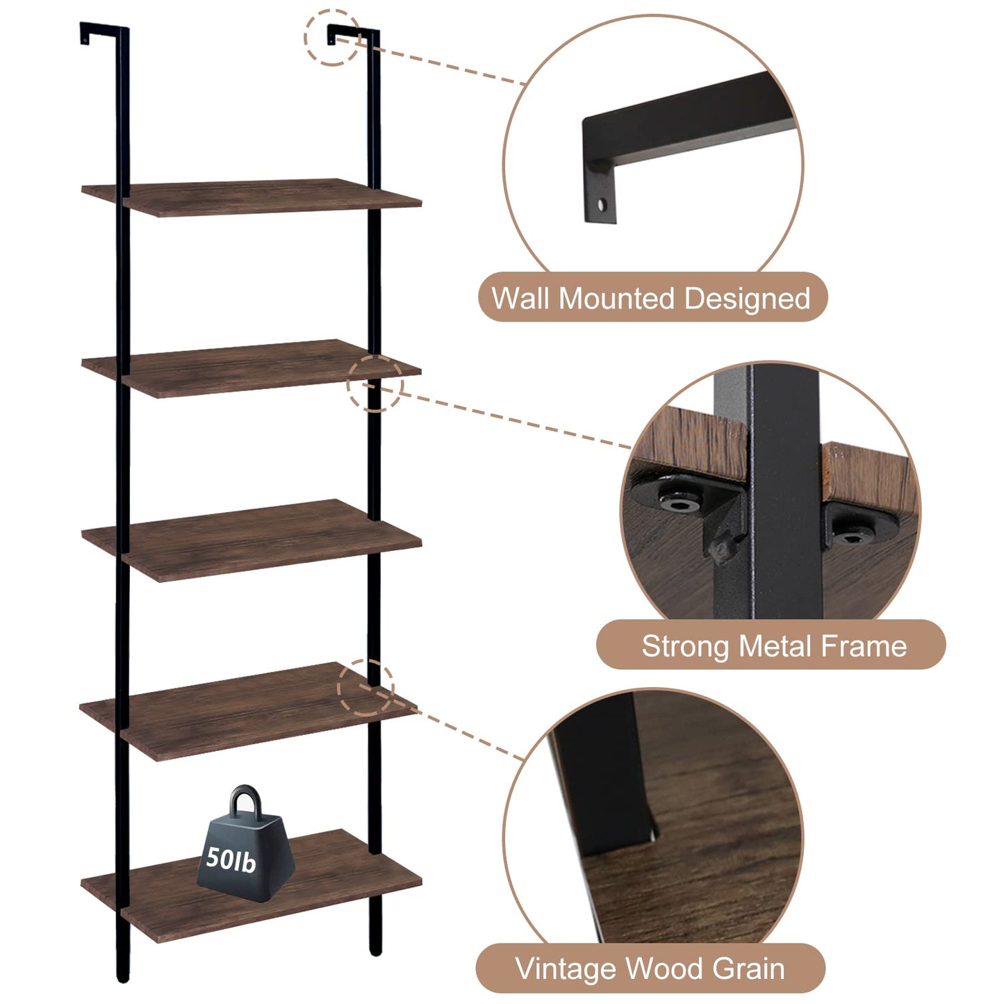 Wolawu 5 Tiers Ladder Shelf 2-Piece Black Modern Tall Bookshelf Open Large Tall Wall Mount Storage Bookcase Standing Leaning Wall Shelves Industrial Decorative (Brown)