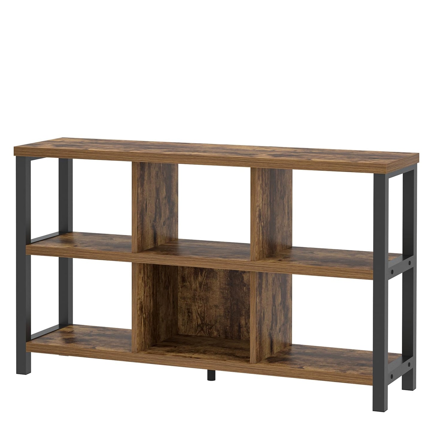 FOLUBAN Industrial Horizontal Bookshelf, 6 Cube Storage Organizer with Shelf, Wood and Metal Cubby Bookcase for Living Room Bedroom, Rustic Brown, 47 Inch
