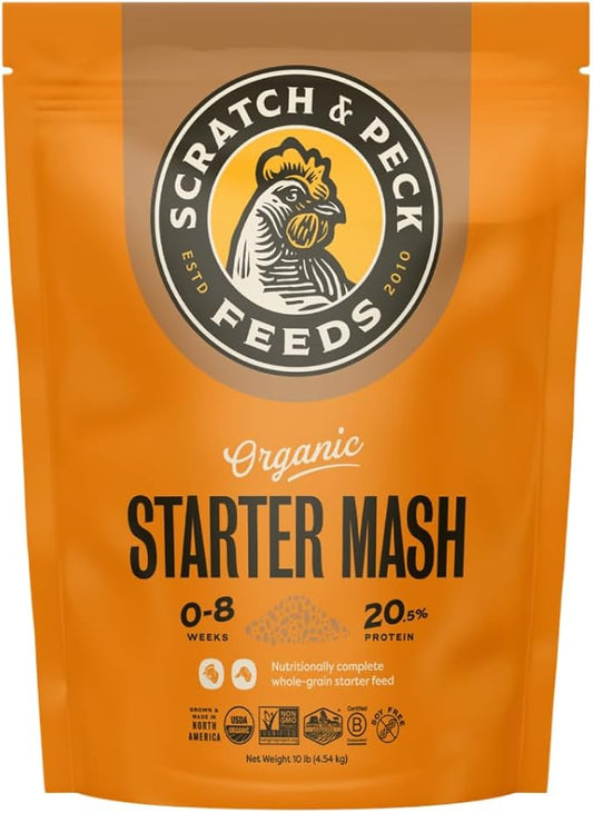Scratch and Peck Whole Grain Starter Mash for Baby Chicks and Ducklings - 10 lb Bag - Corn and Soy-Free Feed with 20.5% Protein, Certified Organic and Non-GMO
