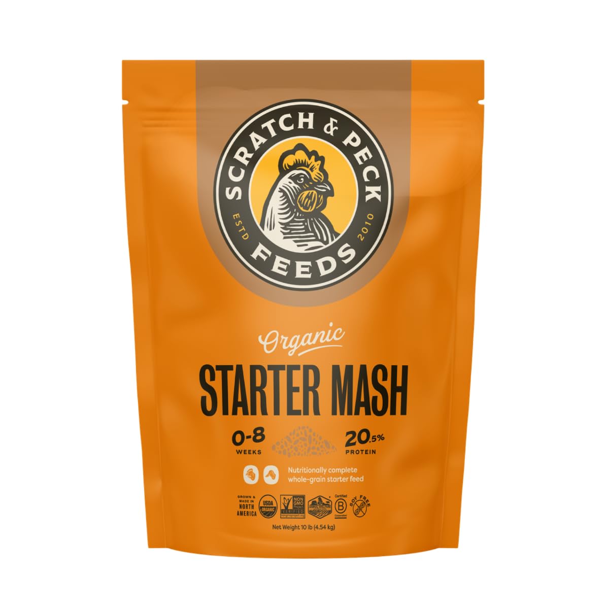 Scratch and Peck Whole Grain Starter Mash for Baby Chicks and Ducklings - 10 lb Bag - Corn and Soy-Free Feed with 20.5% Protein, Certified Organic and Non-GMO
