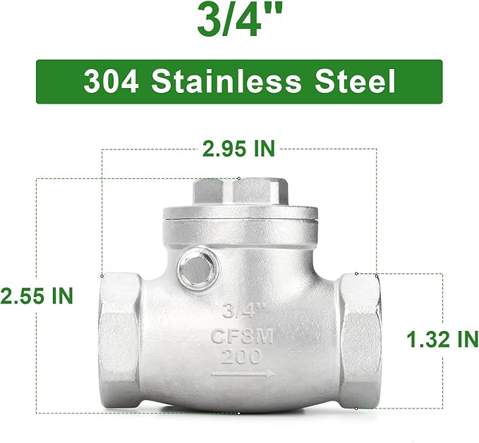 TAISHER 1PCS 304 Stainless Steel 3/4" Female Swing Check Valve，Backflow Prevention, One Way Check Valve CF8 WOG 1000