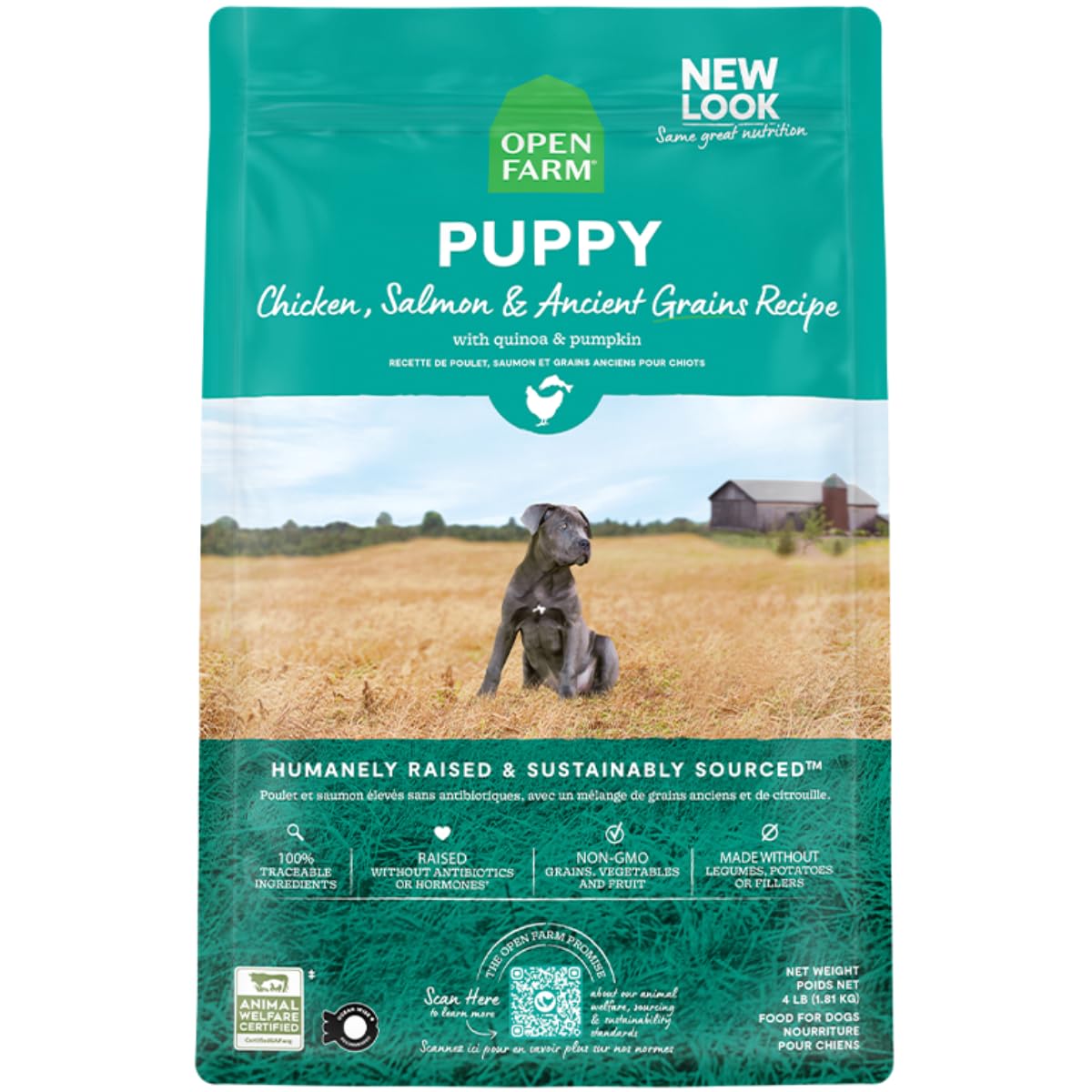 Open Farm, Ancient Grains Dry Dog Food for Puppies, Protein-Rich & Nutrient Dense, 90% Animal Protein Mixed with Non-GMO Fruits, Veggies and Superfoods, Chicken & Salmon Recipe for Puppy, 4lb Bag