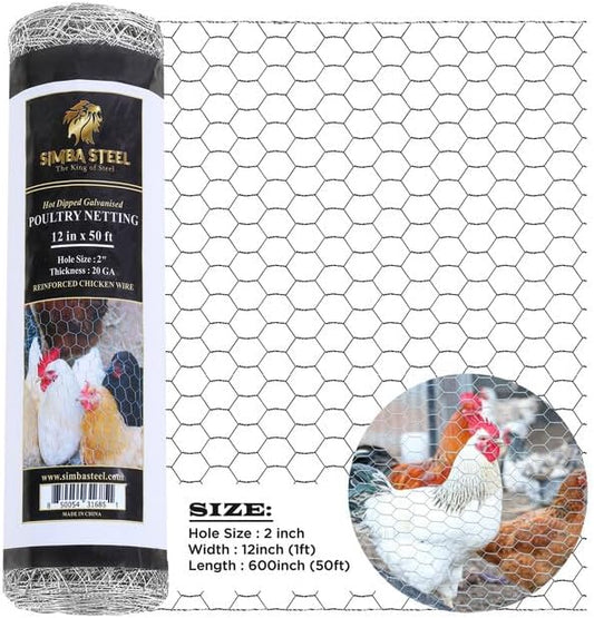 Chicken Wire 12 in x 50 FT x 2” Mesh x 20GA | Poultry Wire Netting | Hot Dipped Galvanised | Hexagonal Galvanized Mesh for Chicken Coop, Rabbit Cage, Fence Barrier PM12x50x2