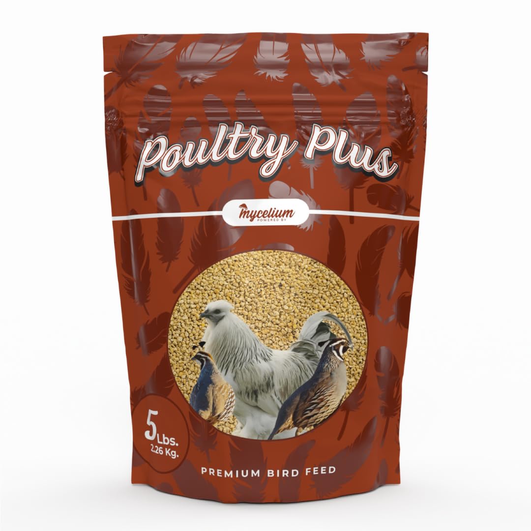 Mycelium Poultry Plus | Premium Chicken, Duck & Turkey Food with Oats, Corn, Wheat, Milo, Safflower & Peas | Supports Egg Production & Feather Health | Made in USA | 5 lb Bag