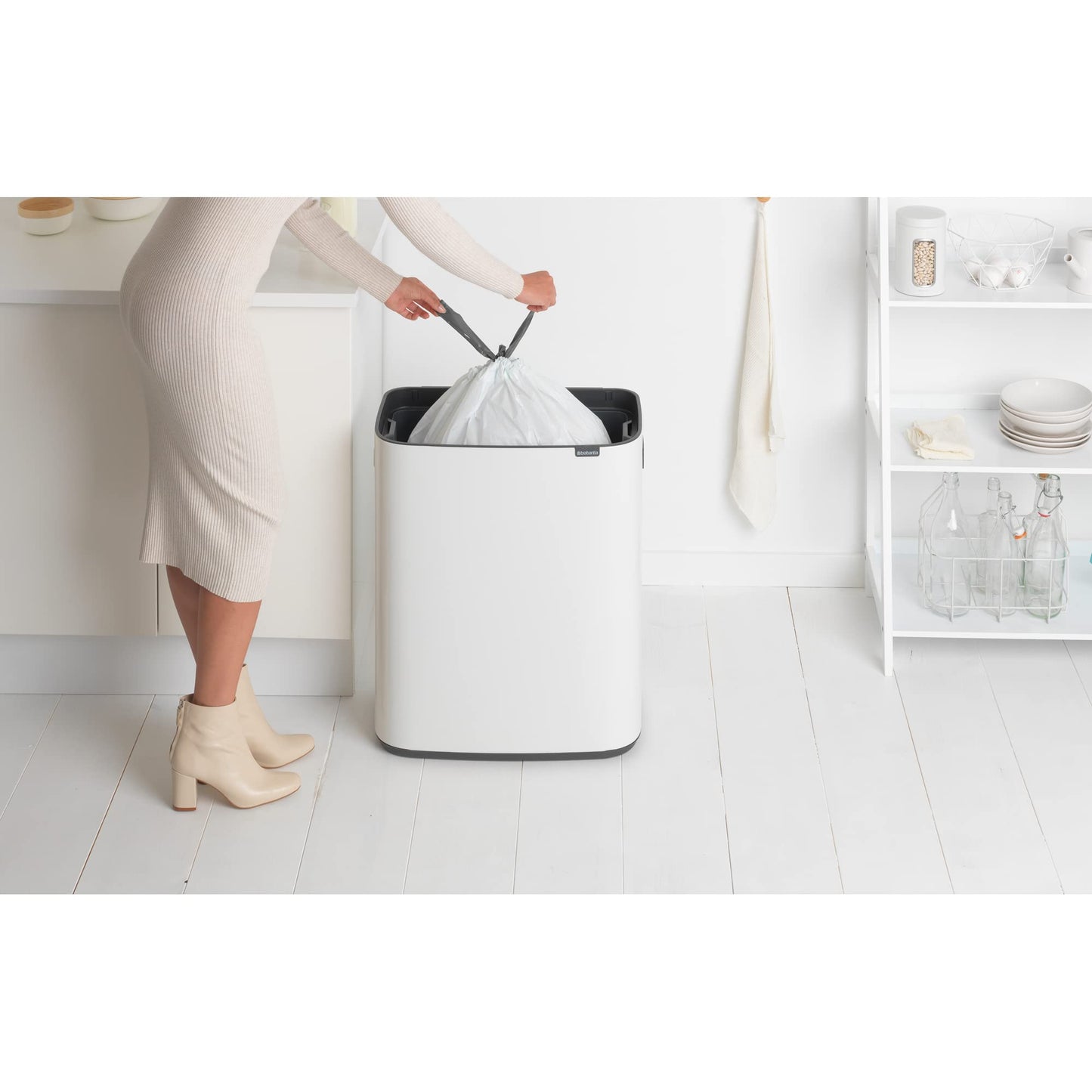 Brabantia Bo Touch Top Trash Can - 1 x 16 Gal Bucket (White) Soft Open/Close Kitchen Garbage & Recycling Can with Removable Compartment