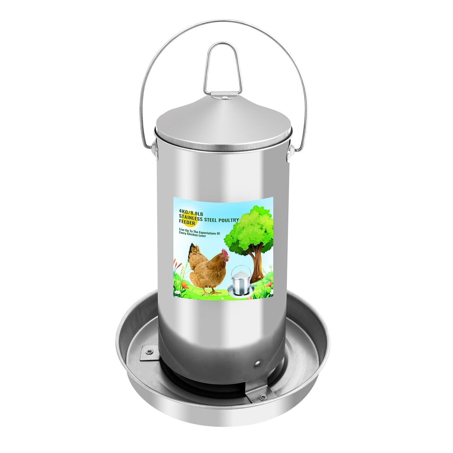 Automatic Chicken Feeder 4KG/8.8lbs, Heavy Duty Stainless Steel Reliable Long-Lasting Poultry Feeder with Handle, High Strength Structure 0.035 Inch/0.9mm Metal Thickness