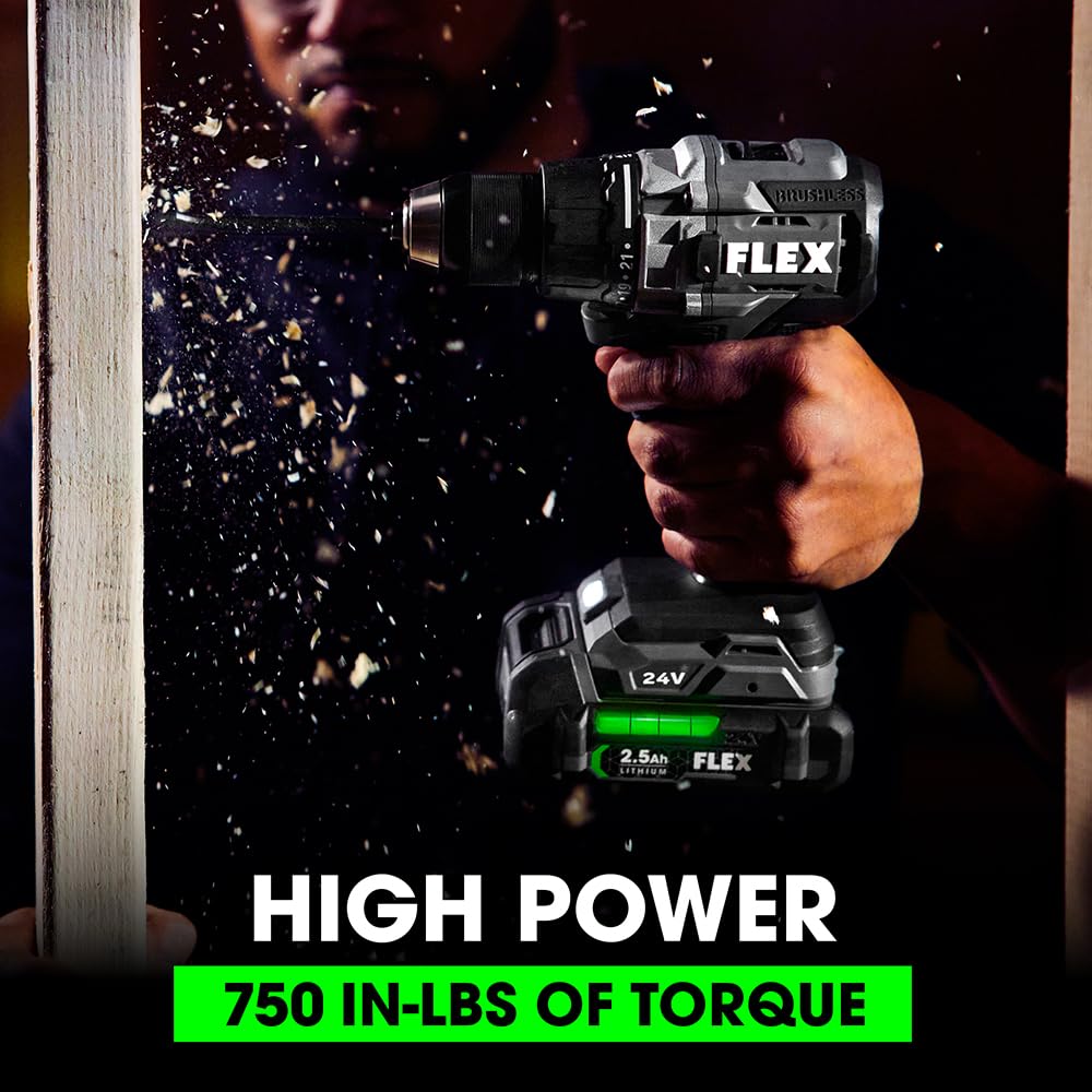 FLEX 24V Brushless Cordless 4-Tool Combo Kit: Circular Saw, Reciprocating Saw, Fixed Speed Angle Grinder, Drill Driver with 2.5 Ah, 5.0Ah Lithium Batteries and 160W Charger - FXM402-2B