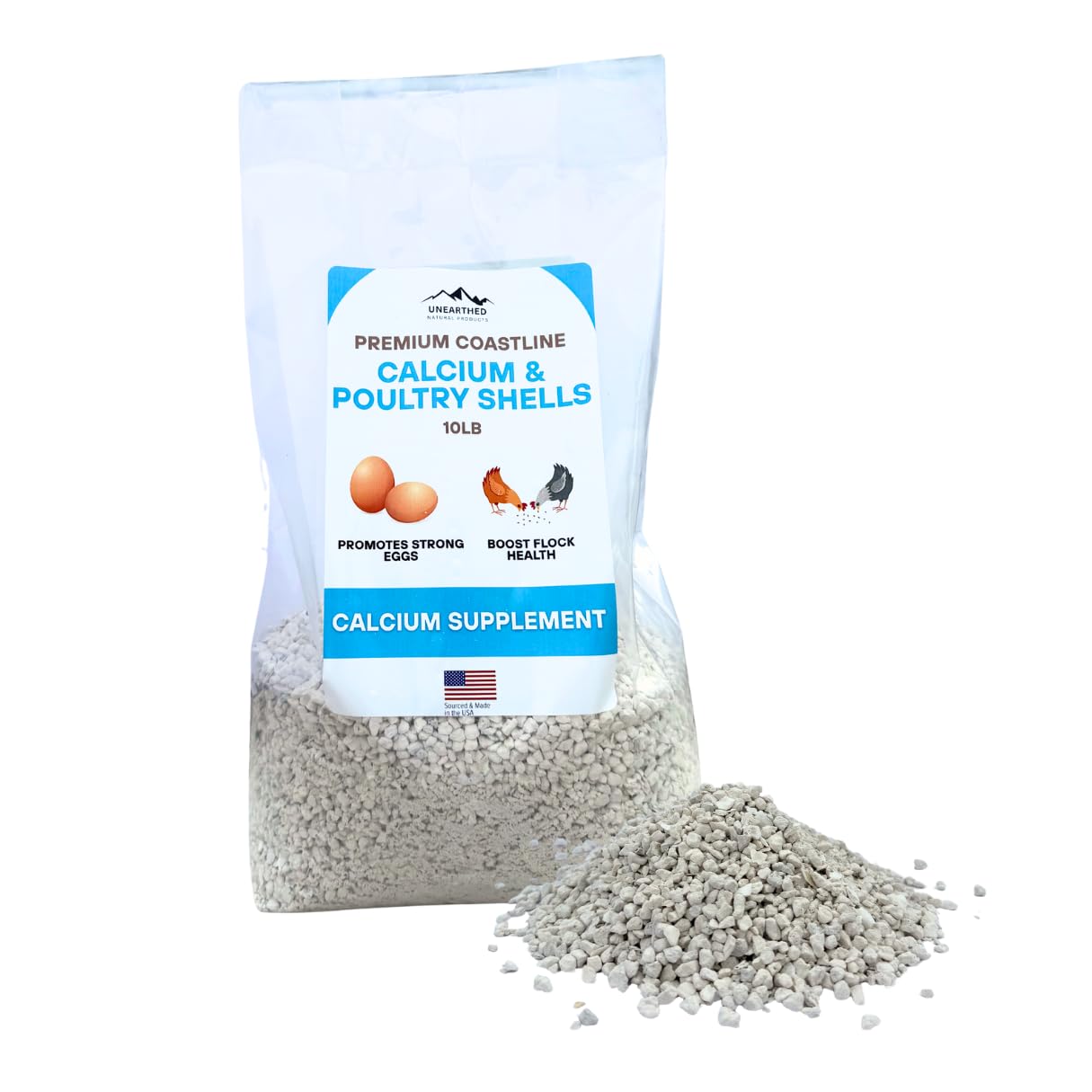 Unearthed Premium Coastline Calcium & Poultry Shells (Oyster Shells) – 10 lb Portable Bag – USA-Sourced, Feed-Grade Calcium Supplement for Strong Eggshells & Healthy Flocks