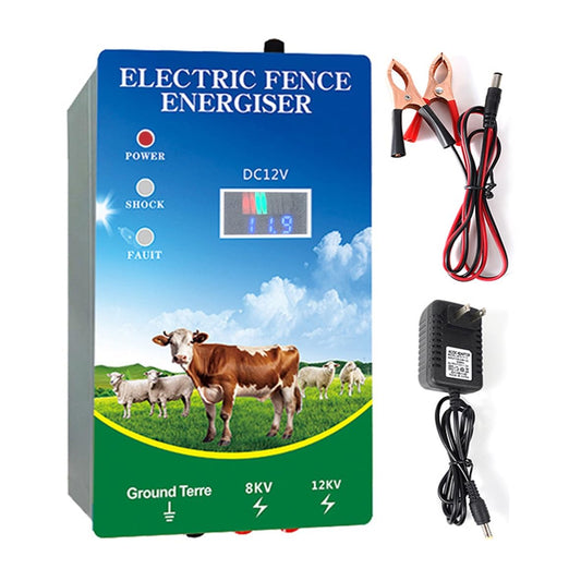 6 Mile Electronic Fence Charger, DC/AC/Solar Electric Fence Energizer, VQP 8KV 12KV 2J Output with LED Display for Large Wildlife Cattle Horses Goats Livestock Poultry Garden Orchard Ranch