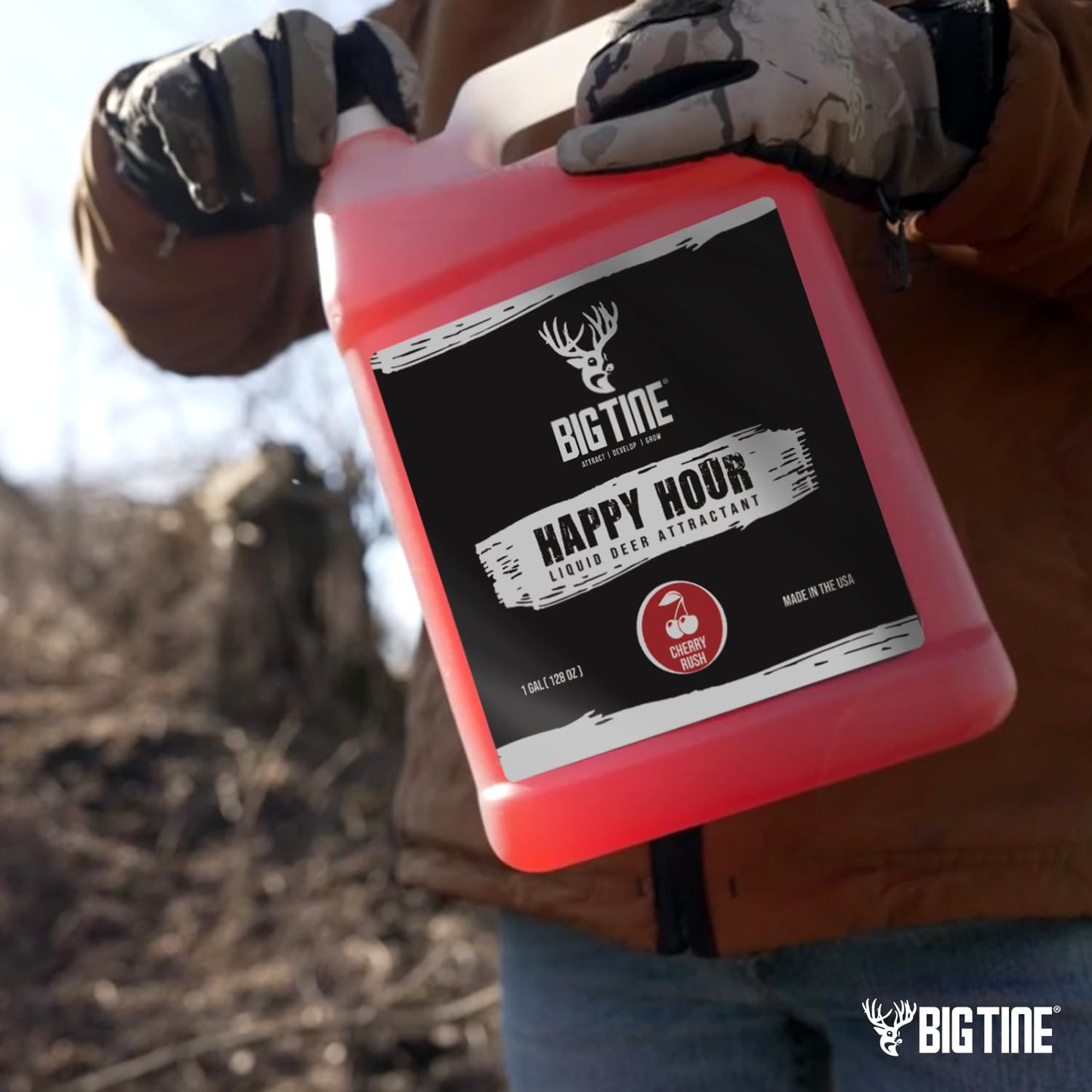 Big Tine Happy Hour, Liquid Deer Mineral Attractant, Cherry Rush Flavor, 1 Gallon Container, Powerful and Long Lasting, Concentrated Scent and Flavor