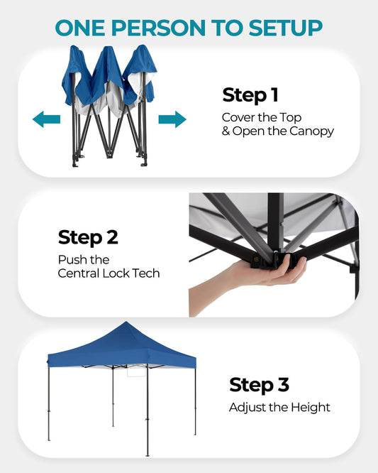 Eesdom 10x10 Pop Up Canopy with Wheeled Bag, Commercial Portable Canopy Tent, Easy Set Up, 4 Stakes & 4Sandbags & 4 Ropes, Waterproof Outdoor Shelter for Market, Parties, Blue