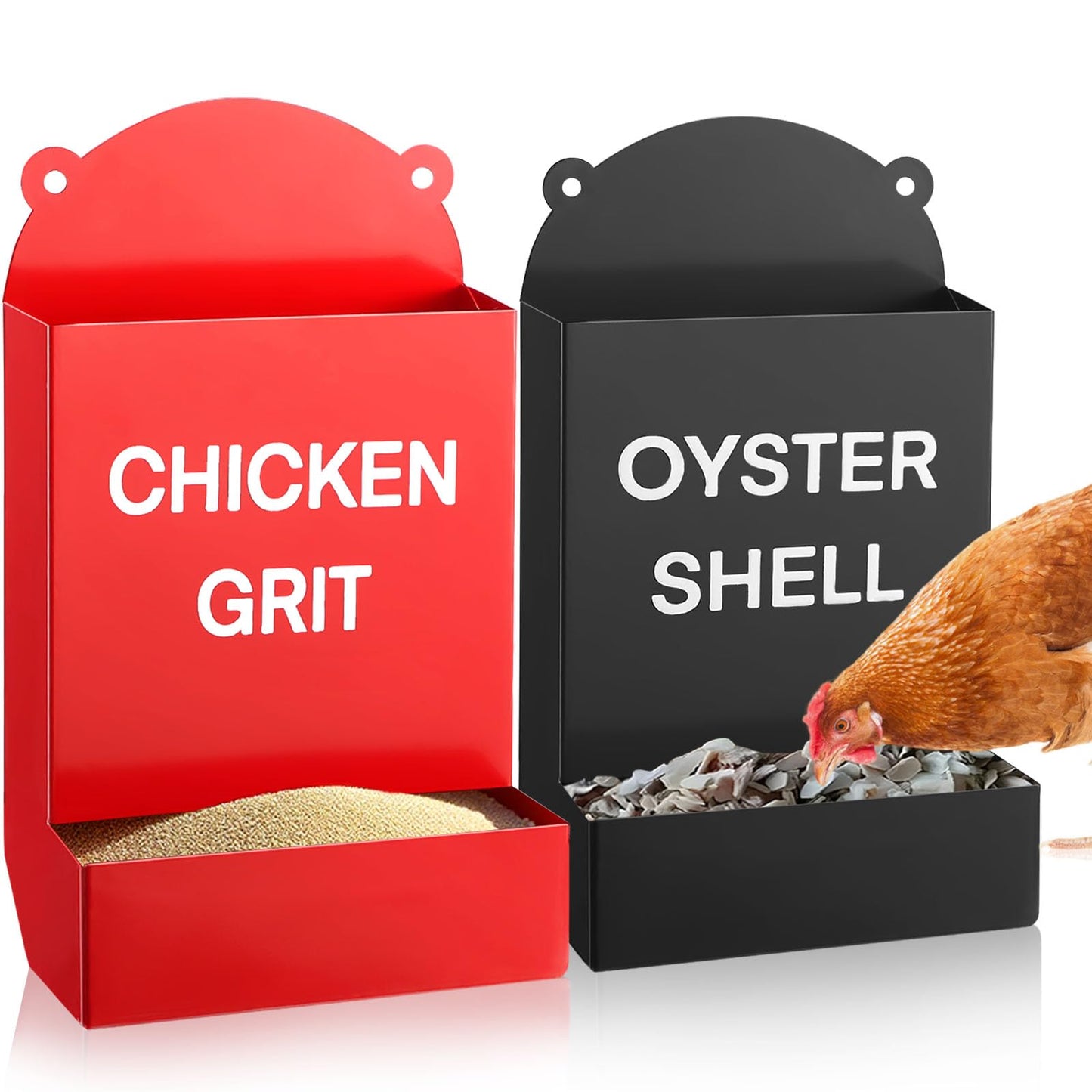 2PCS Chicken Grit Feeder Oyster Shell Feeder, Heavy Duty Metal Automatic Chicken Feeders, No Waste & No Mess, Gravity-Fed Chicks Food Dispenser Hanging Poultry Feeders for Coop Ducks, Pigeons, Doves