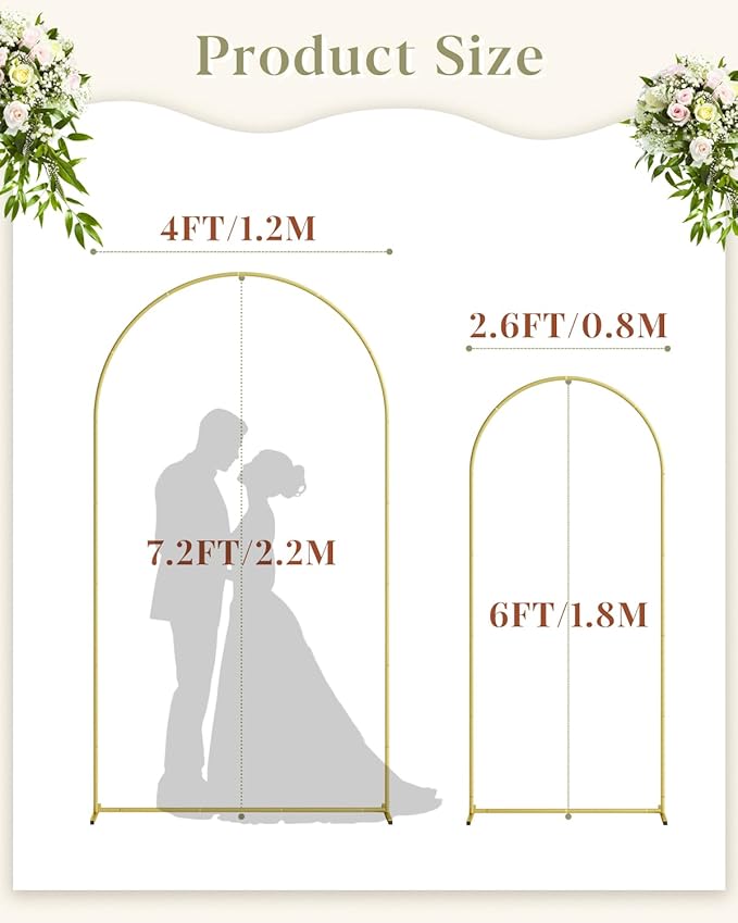 Wedding Arch, Metal Arch Backdrop Stand, Balloon Arch Stand Wedding Frame for Ceremony Decoration (Gold, 7.2FT, 6FT Arch Backdrop)