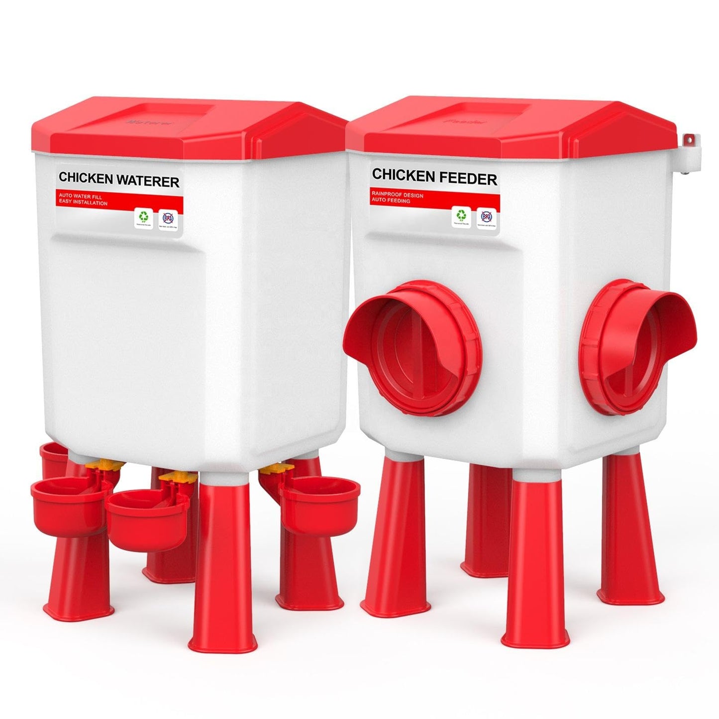 Automatic Chicken Feeder and Waterer Set(4 Buckets/2-3 gallons), 18 Pounds No Waste, Rain Proof Poultry Feeder, Avoid Small Animals, Suitable for Chicken, Duck, Turkey(Red Color)