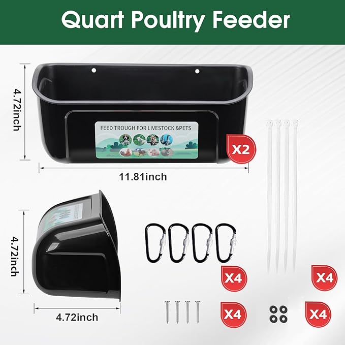 2 Pack Chicken Duck Feeder, Poultry Feeders and Waterers, Hanging Goat Feeder, Livestock Feeding Container, Feed Trough and Waterer Bucket with Clips(Black)
