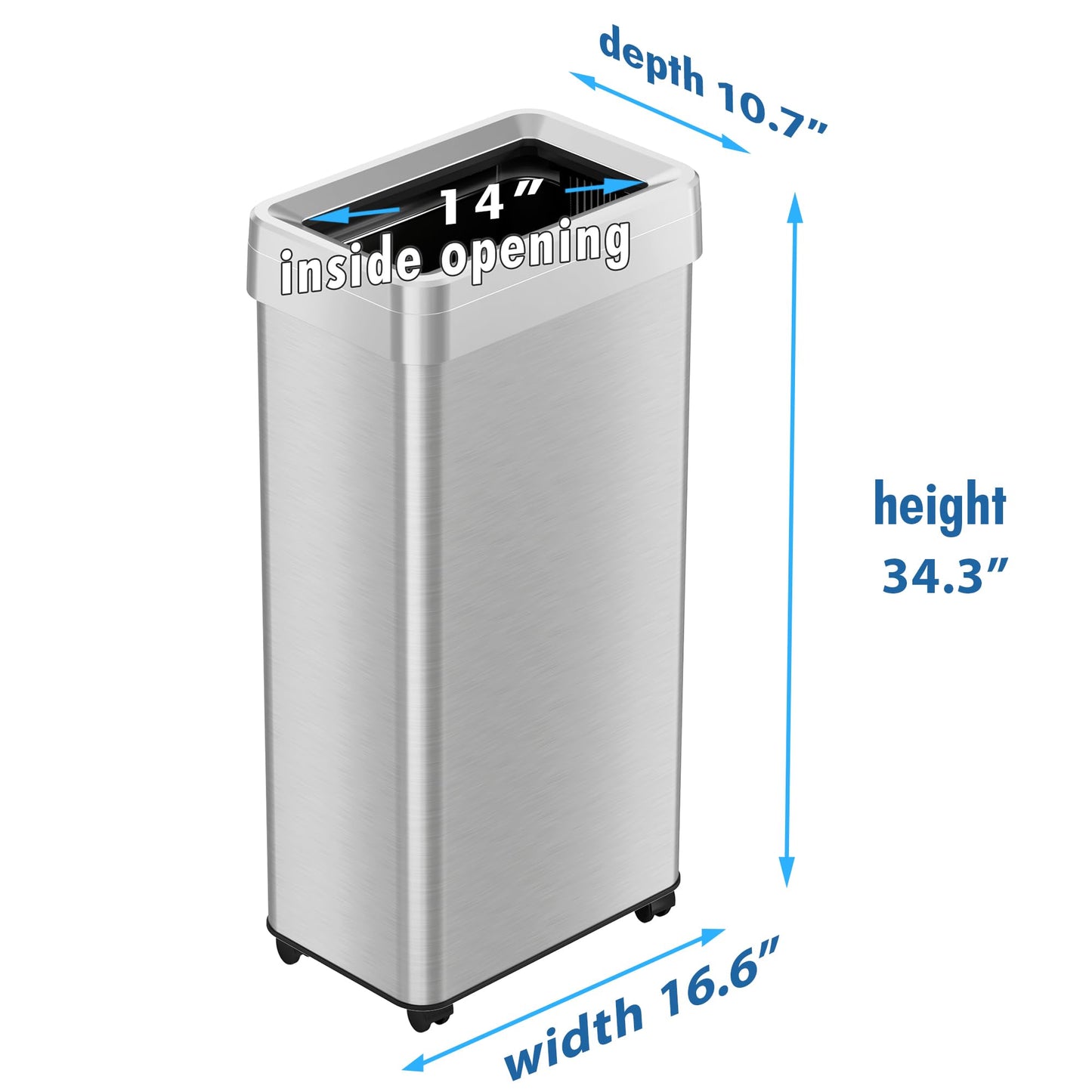 iTouchless 21 Gallon Open Top Kitchen Trash Can Recycling Bin with Wheels and Double Odor Filters Rectangular Commercial Stainless Steel 80 Liter Trashcan Home Office Work Bedroom Livingroom Garage