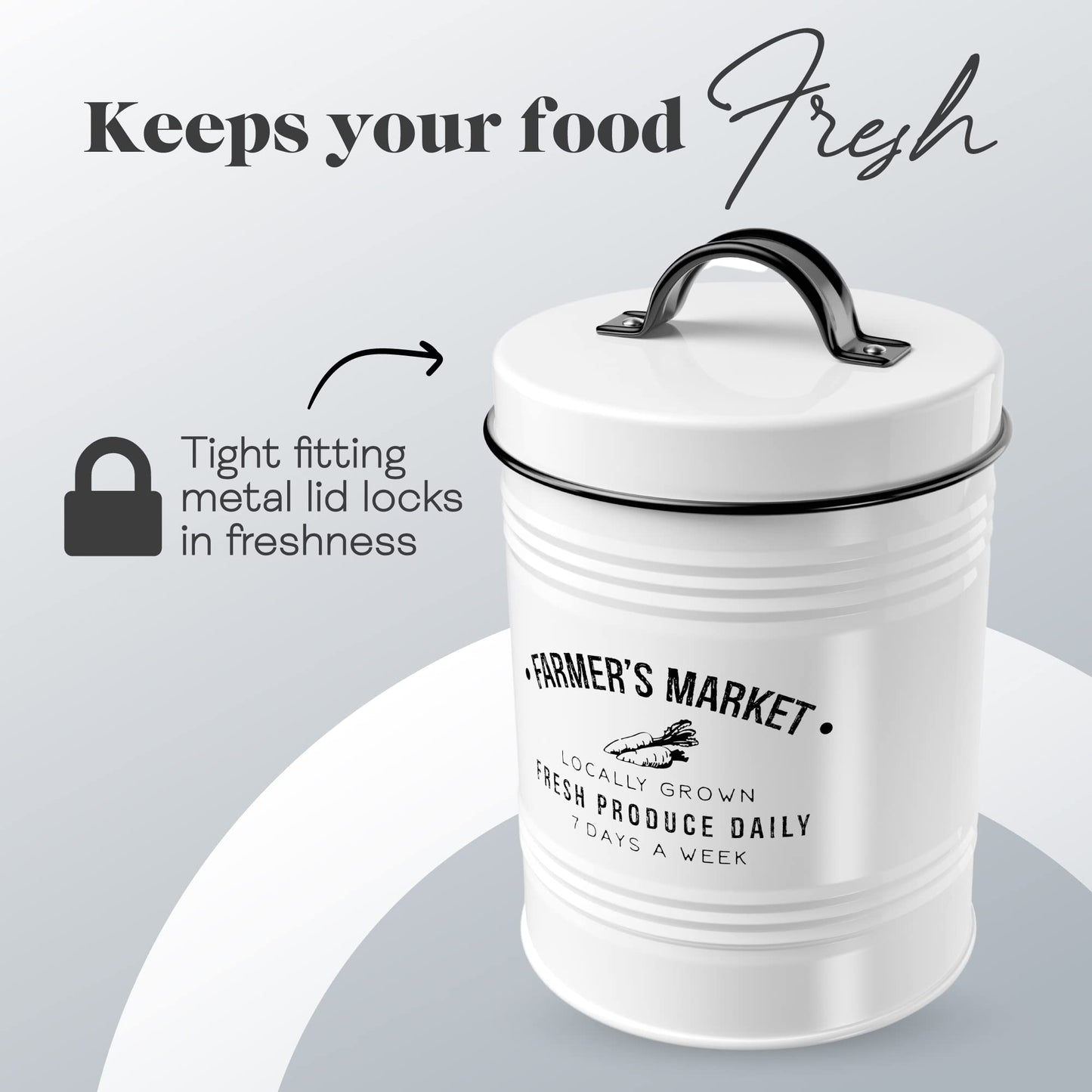 Amici Home Farmers Market Metal Canister | Dry Food Storage Container | Airtight Lid | 76 Ounce Capacity | Farmhouse Décor | Metal Canister for Kitchen Countertop