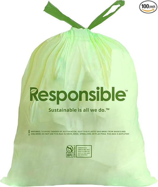 Kitchen Bin Liners, Certified Compostable, Heavy Duty Multipurpose Food Scrap Bags, Made from Compostable Materials (13 Gallon Drawstring, 13 Gallon (100 Count))