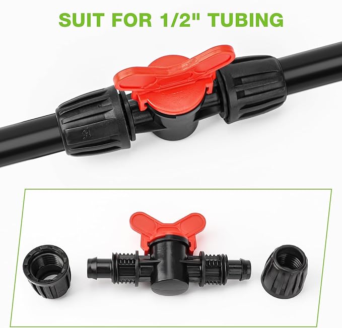 Bonviee 6 Packs 1/2” Drip Irrigation Shut Off Valve, in-Line Barbed Locking Valve for 1/2 Inch Tubing, Water Flow Control for Garden, Greenhouse, Raised Bed Systems