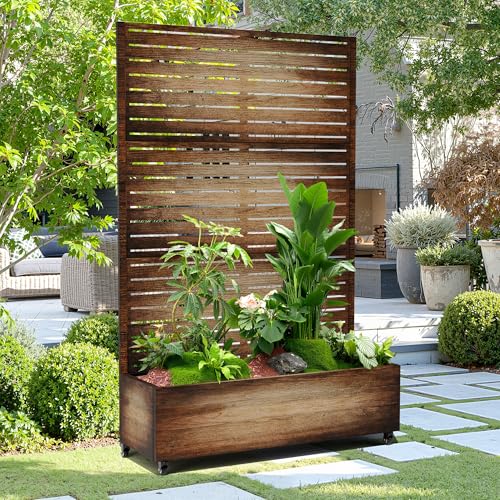 15.7"×70.9"×47.2" Metal Raised Garden Bed with Trellis and Wheels - Tall Trellis Planter Box for Climbing Plants, Vegetables & Vines - Outdoor Privacy Planters for Patio (Acacia Wood Grain-Louvered)