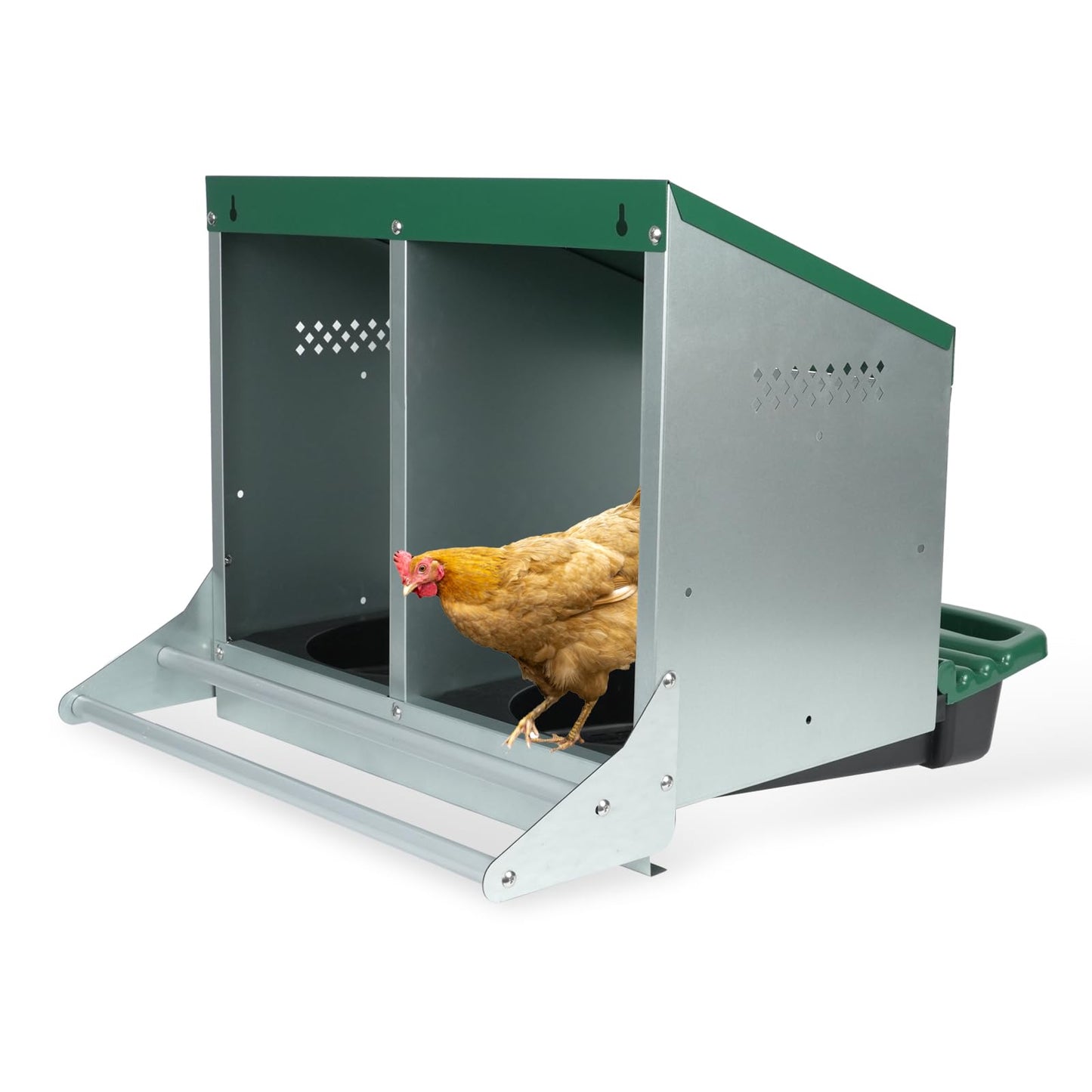 Chicken Nesting Box, 2 Holes Nesting Boxes, Heavy Duty Metal Laying Boxes, Roll Away Nesting Box Egg Collection Tray, with Roosting Pole for Chicken Coop(Green)