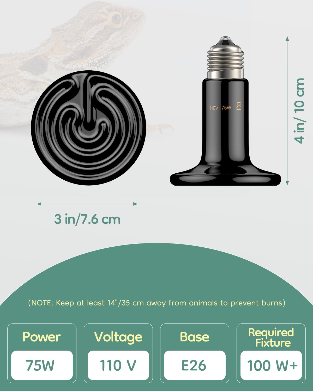 Pawfly 75 W E26 Ceramic Heat Emitter for Reptiles, No Light Emitting Reptile Heat Lamp Bulb, Infrared Ceramics Heat Bulb for Amphibian Chicken Snake Lizard, Ceramic Heat Lamp, Pet Brooder Coop Heater