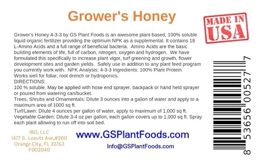 Grower's Honey Exceptional Growth with 100% Plant-Based Vegan Liquid Fertilizer - Organic Nutrient Boost 4-3-3 NPK Enhanced Photosynthesis Drought Tolerance All-Natural - Up to one Acre - One Gallon