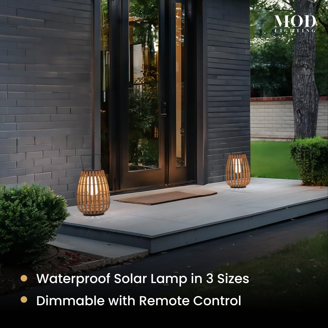 𝗠𝗢𝗗 𝗟𝗜𝗚𝗛𝗧𝗜𝗡𝗚 Beam | Floor Solar Lantern, Reliable IP65 Waterproof LED Garden Light, Solar Lights Outdoor Dimmable with Remote, Rattan Lantern Lamp for Patio (Small | 10x14 | Warm White)