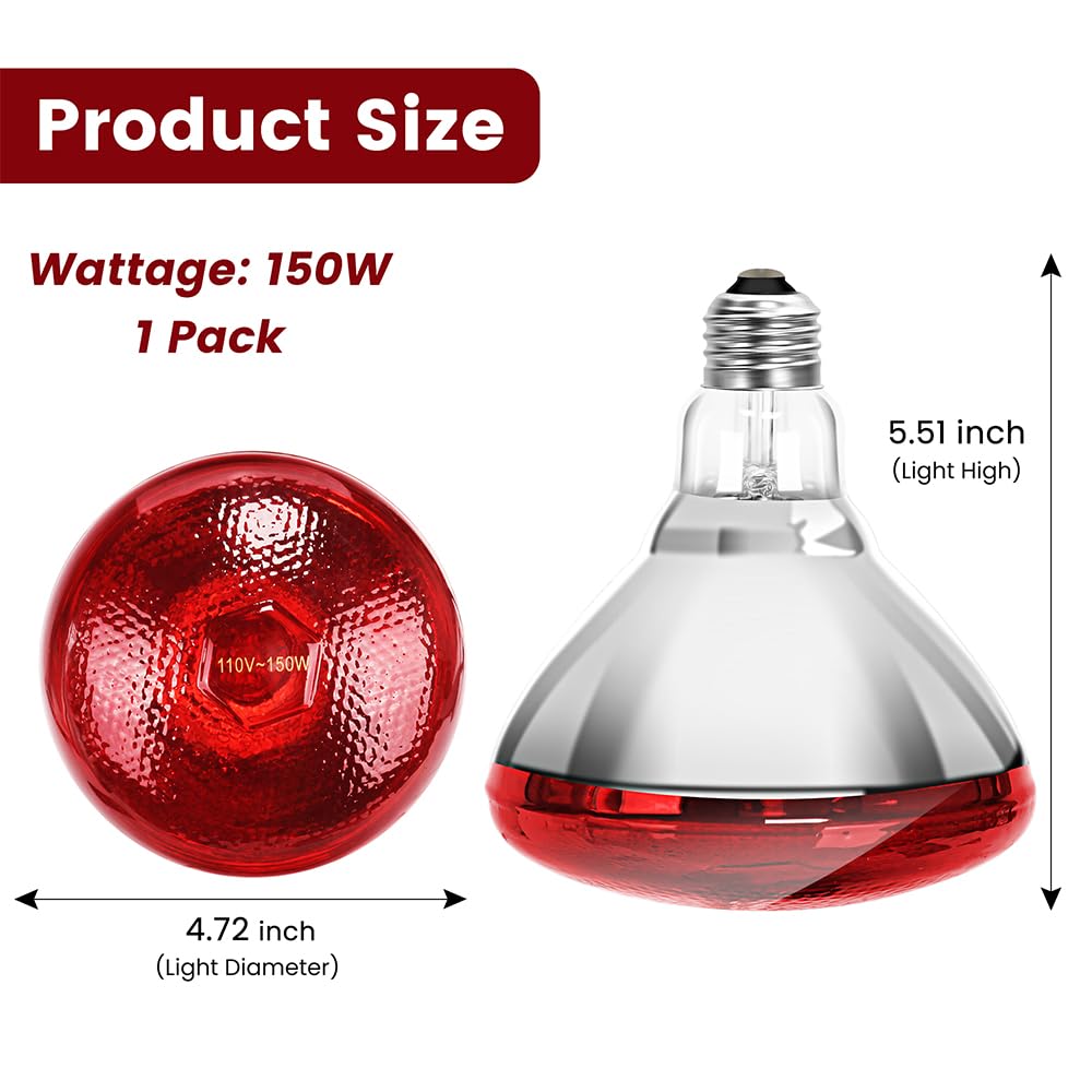 DaToo Infrared Heat Lamp Bulb for Chickens Red Heat Lamp Flood Light Heat Lamp Bulb 150 W Heating Bulbs for Brooder Coops Pets Chicks Reptiles Food Service (1 Pack)